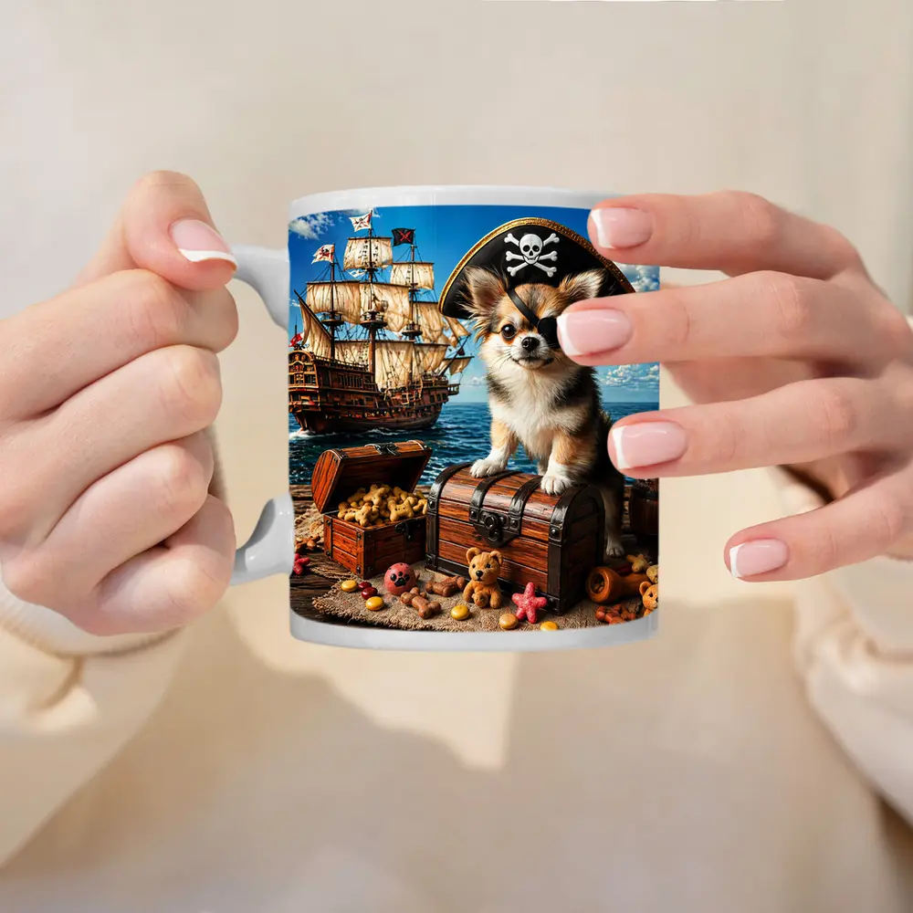 Chihuahua Pirate Sitting on Treasure Chest Ship – Mugs