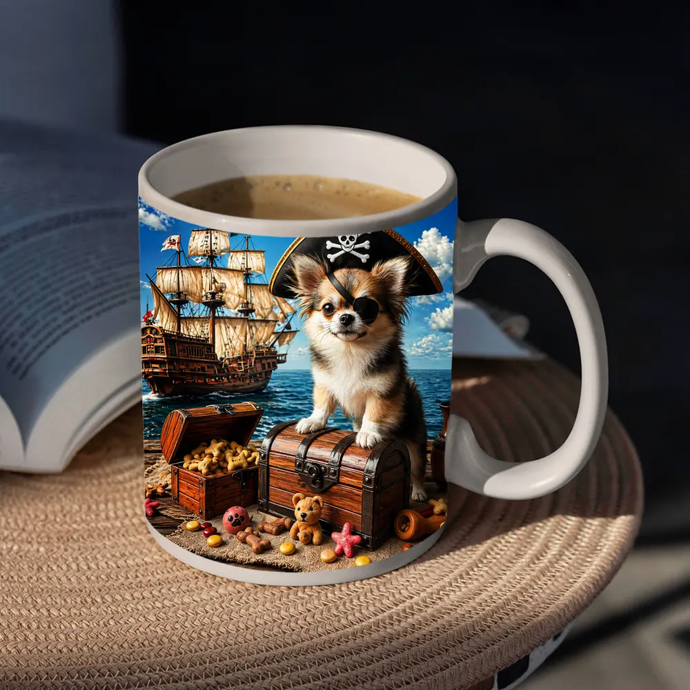 Chihuahua Pirate Sitting on Treasure Chest Ship – Mugs