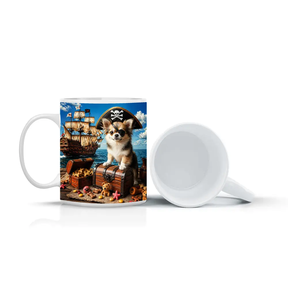 Chihuahua Pirate Sitting on Treasure Chest Ship – Mugs