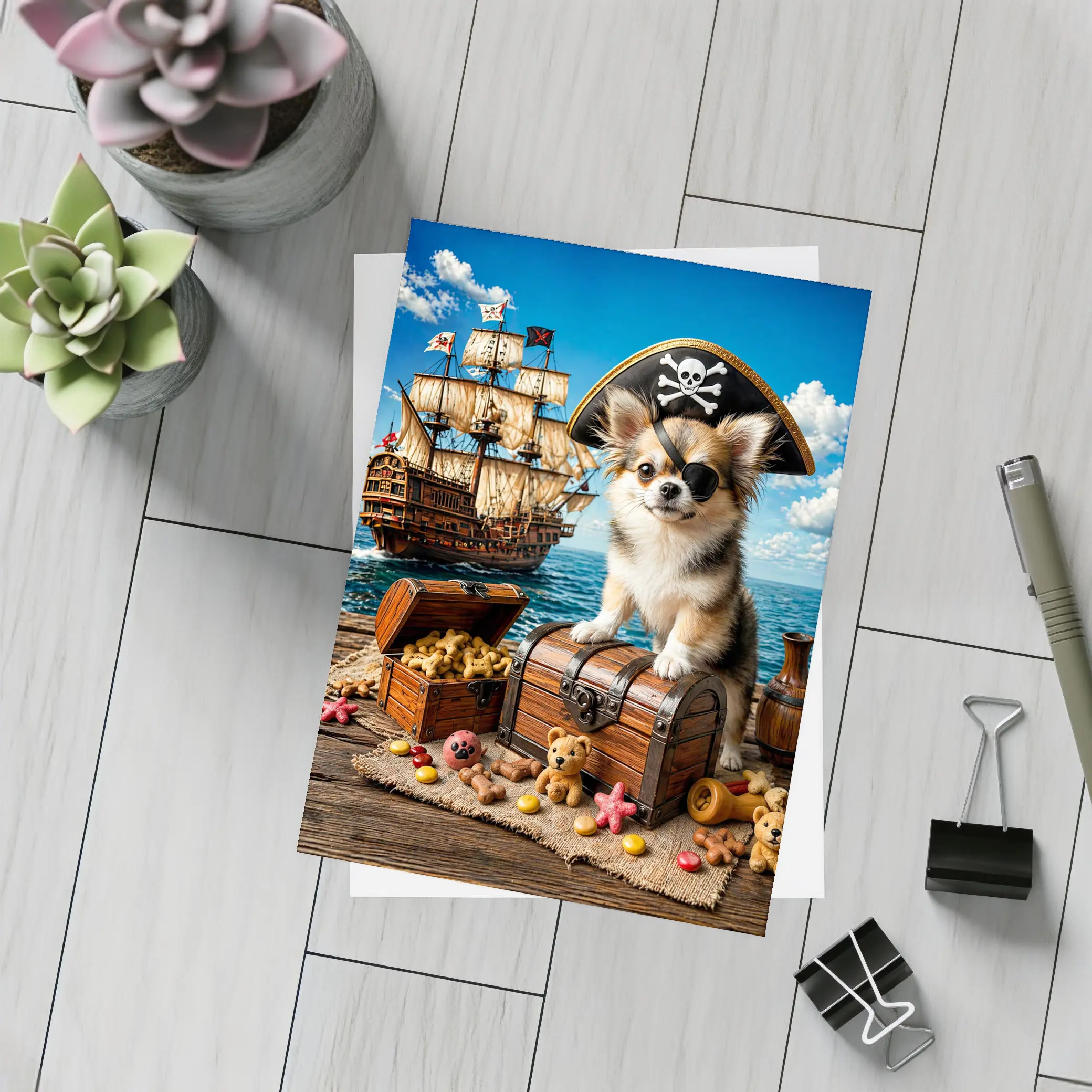 Chihuahua Pirate Sitting on Treasure Chest Ship – Postcards