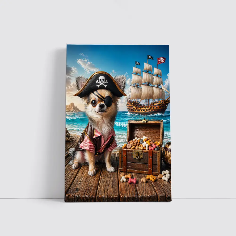 Chihuahua Pirate Dog With Treasure Chest Ocean – Wall Art