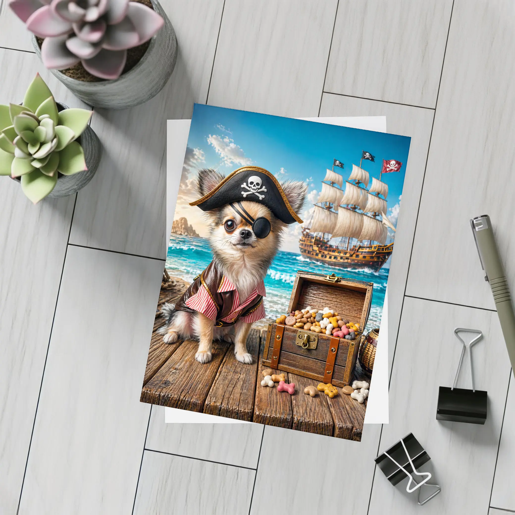 Chihuahua Pirate Dog With Treasure Chest Ocean – Postcards