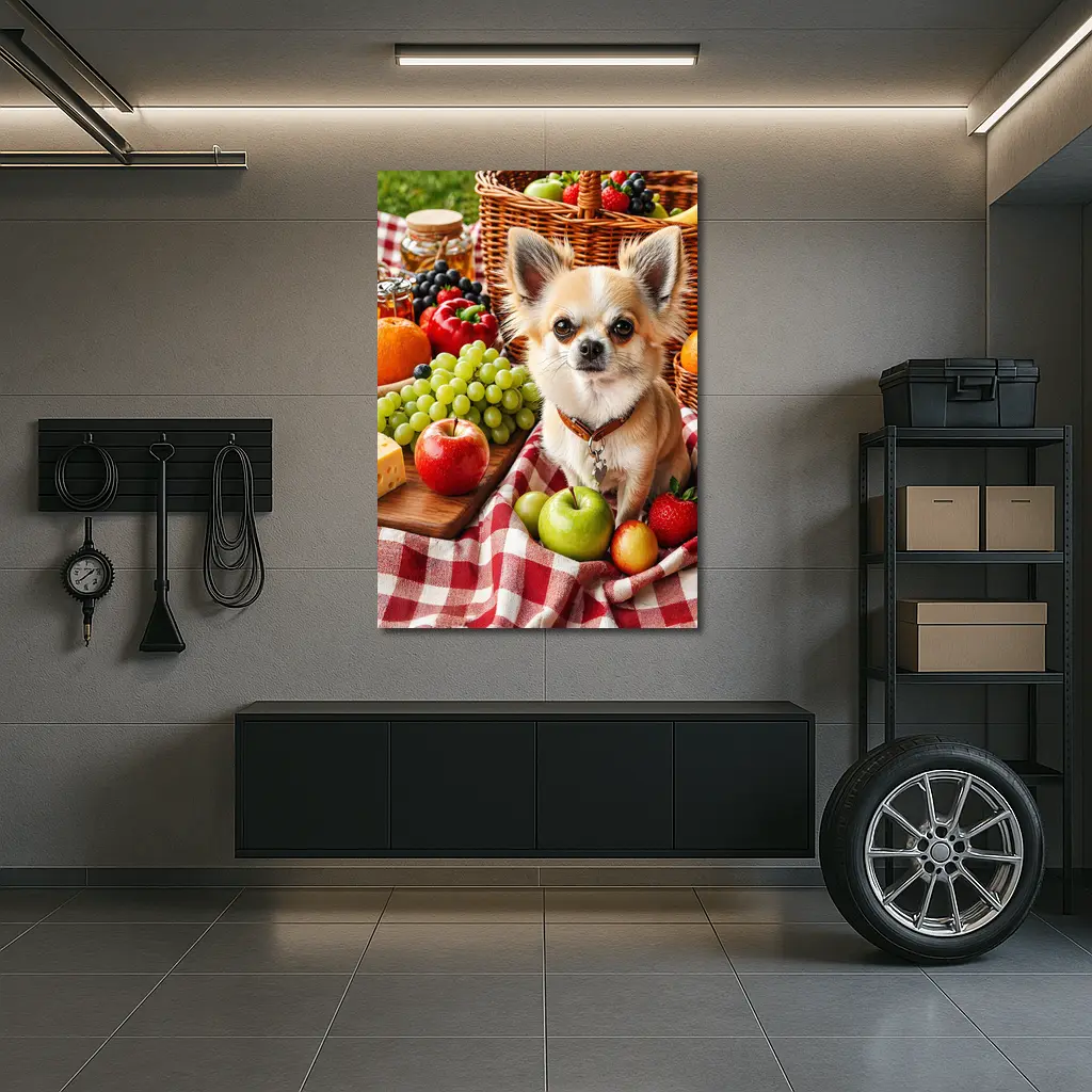 Chihuahua Sitting on Picnic Blanket with Fruits – Wall Art