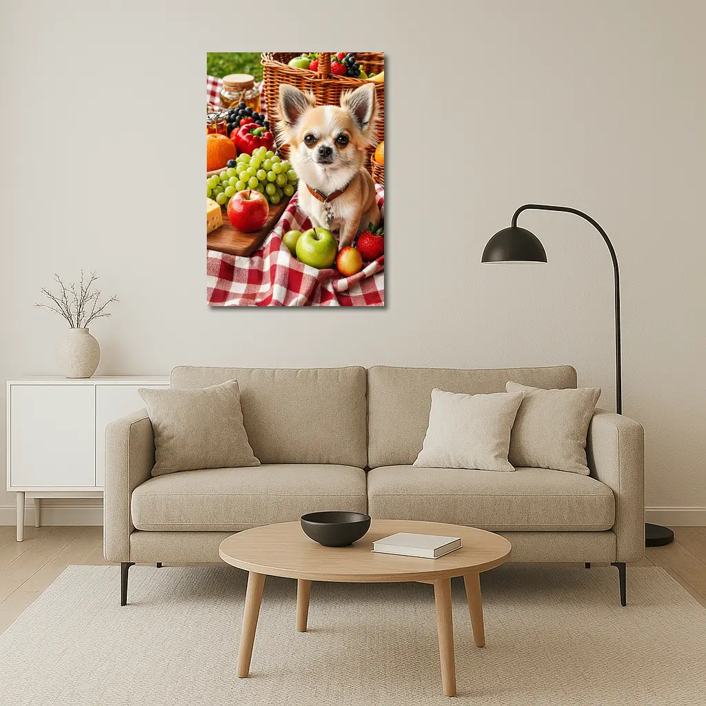 Chihuahua Sitting on Picnic Blanket with Fruits – Wall Art