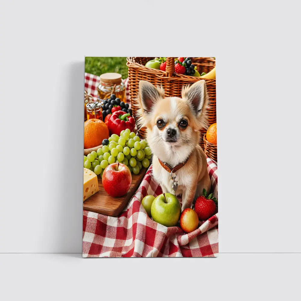 Chihuahua Sitting on Picnic Blanket with Fruits – Wall Art