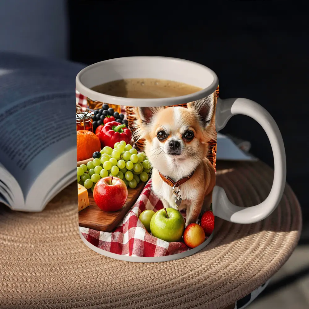Chihuahua Sitting on Picnic Blanket with Fruits – Mugs