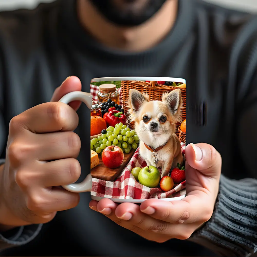Chihuahua Sitting on Picnic Blanket with Fruits – Mugs