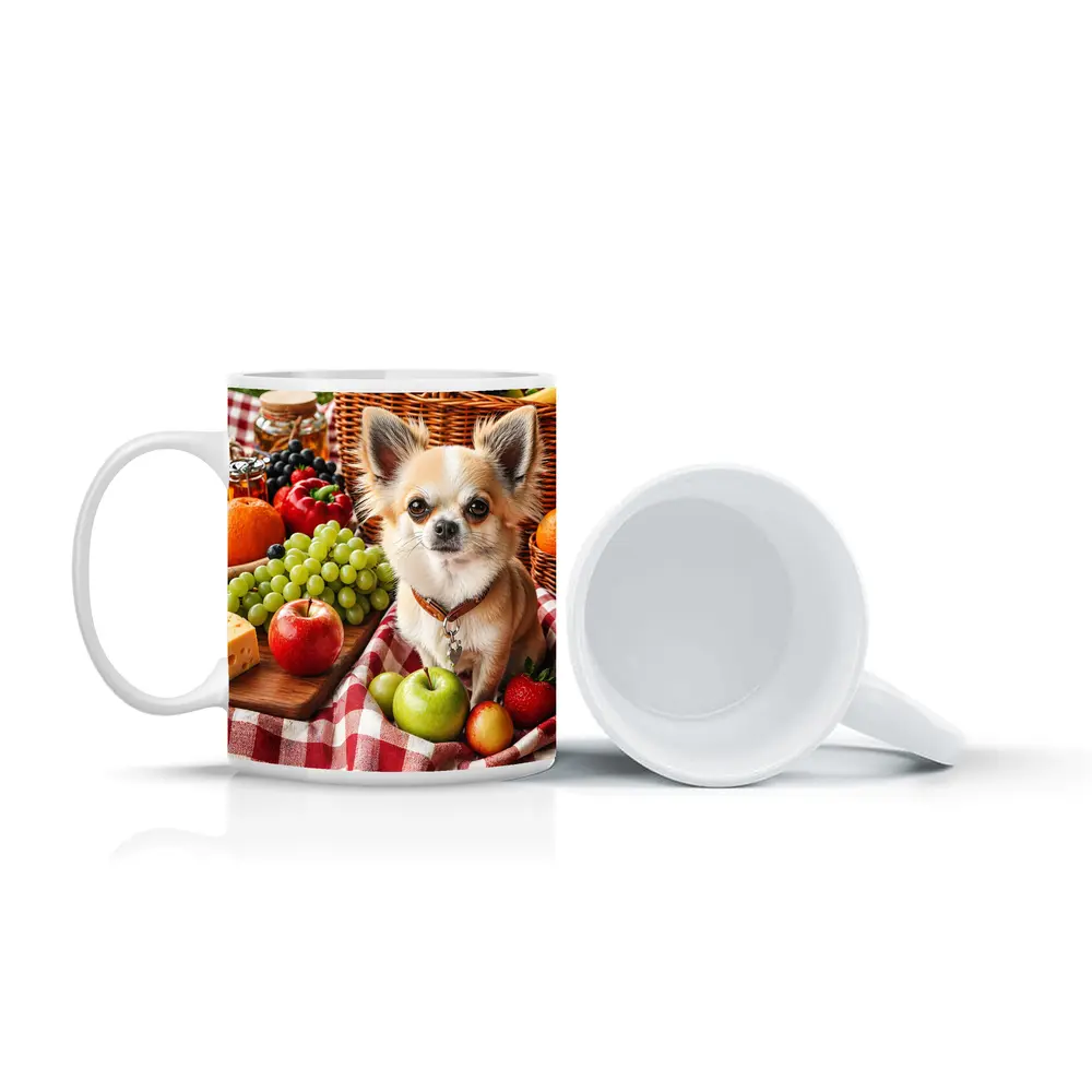Chihuahua Sitting on Picnic Blanket with Fruits – Mugs