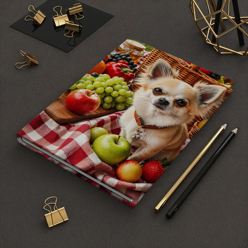 Chihuahua Sitting on Picnic Blanket with Fruits – Notebooks