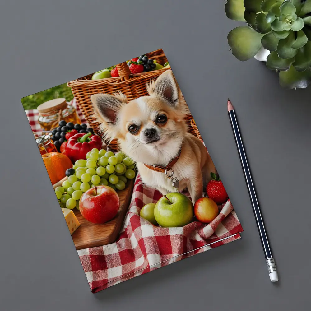 Chihuahua Sitting on Picnic Blanket with Fruits – Notebooks