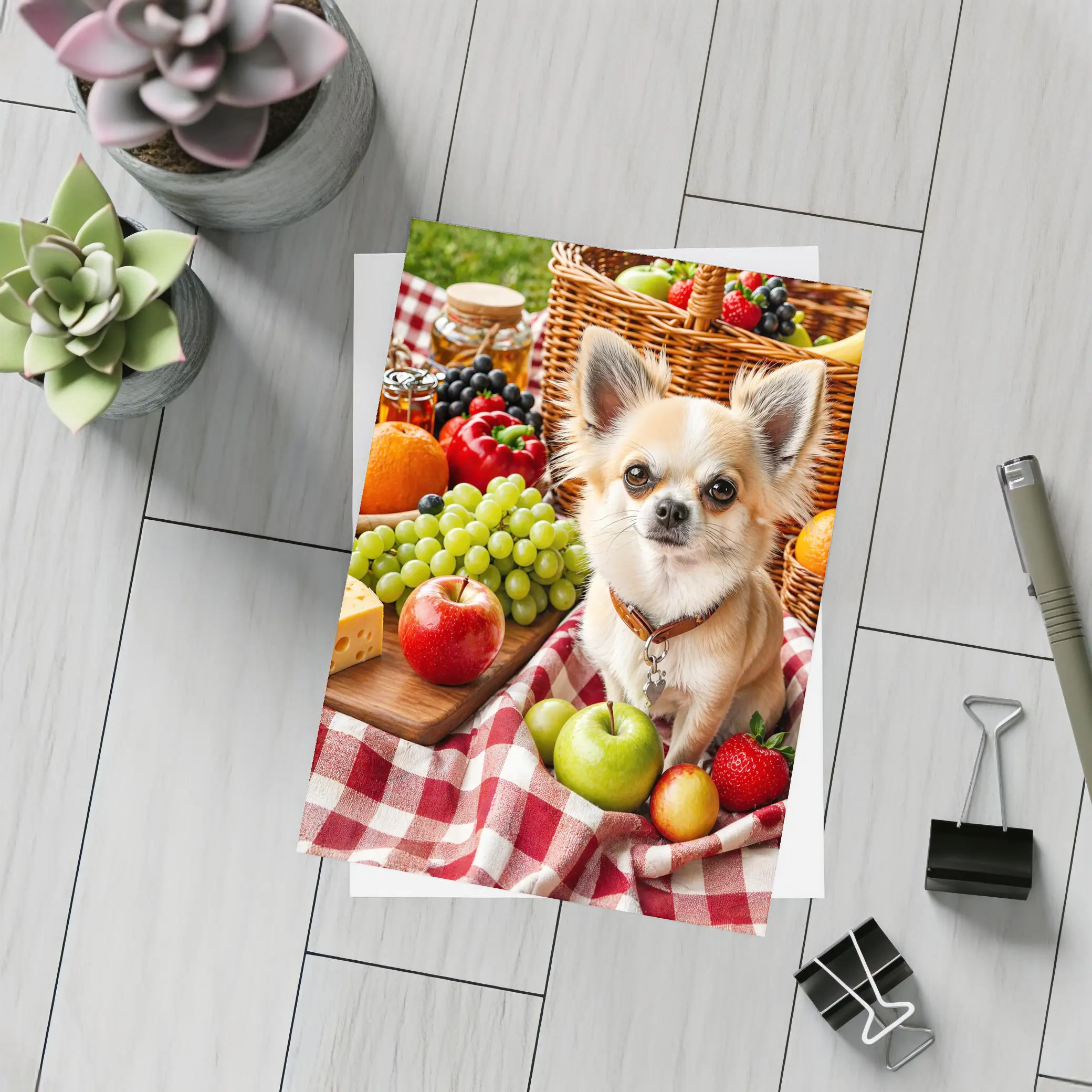 Chihuahua Sitting on Picnic Blanket with Fruits – Postcards