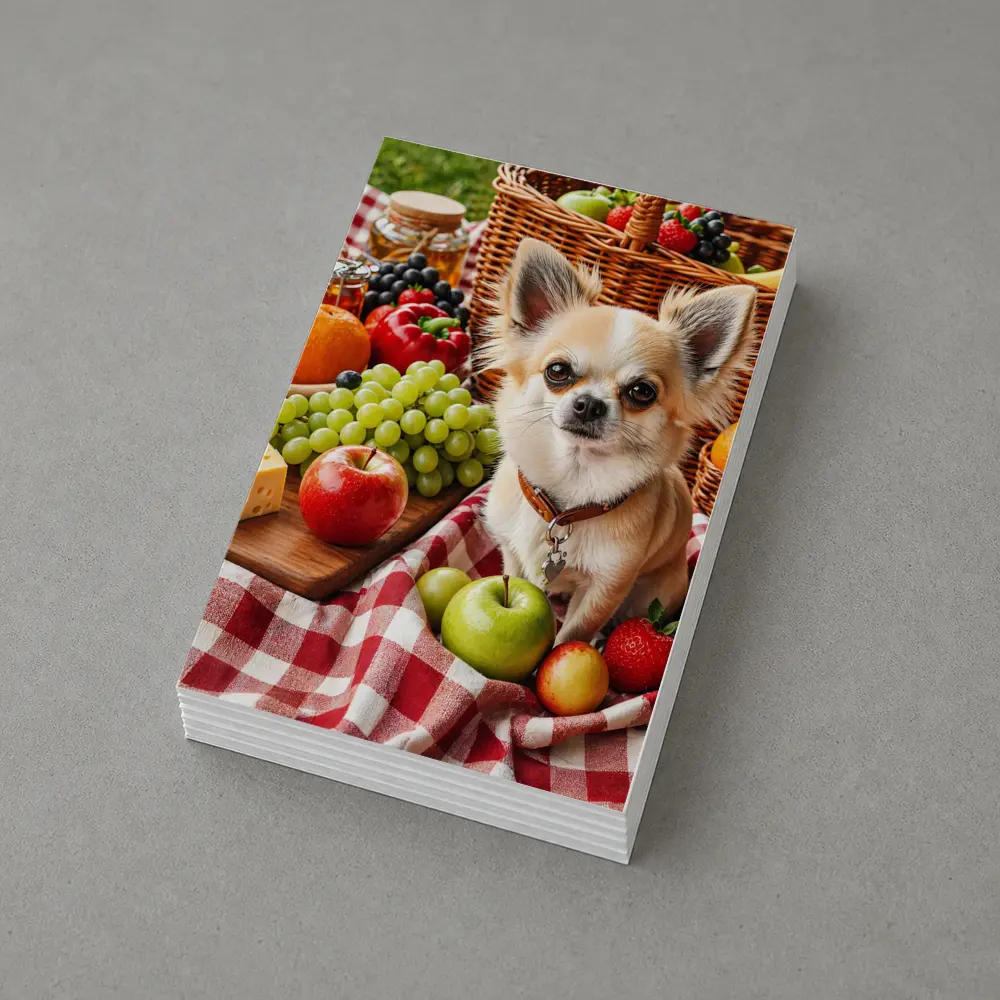 Chihuahua Sitting on Picnic Blanket with Fruits – Postcards