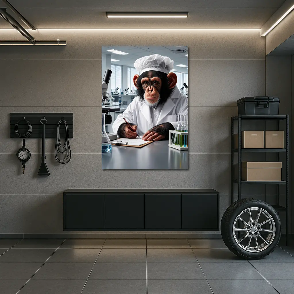 Chimpanzee Scientist Writing Notes In Laboratory – Wall Art