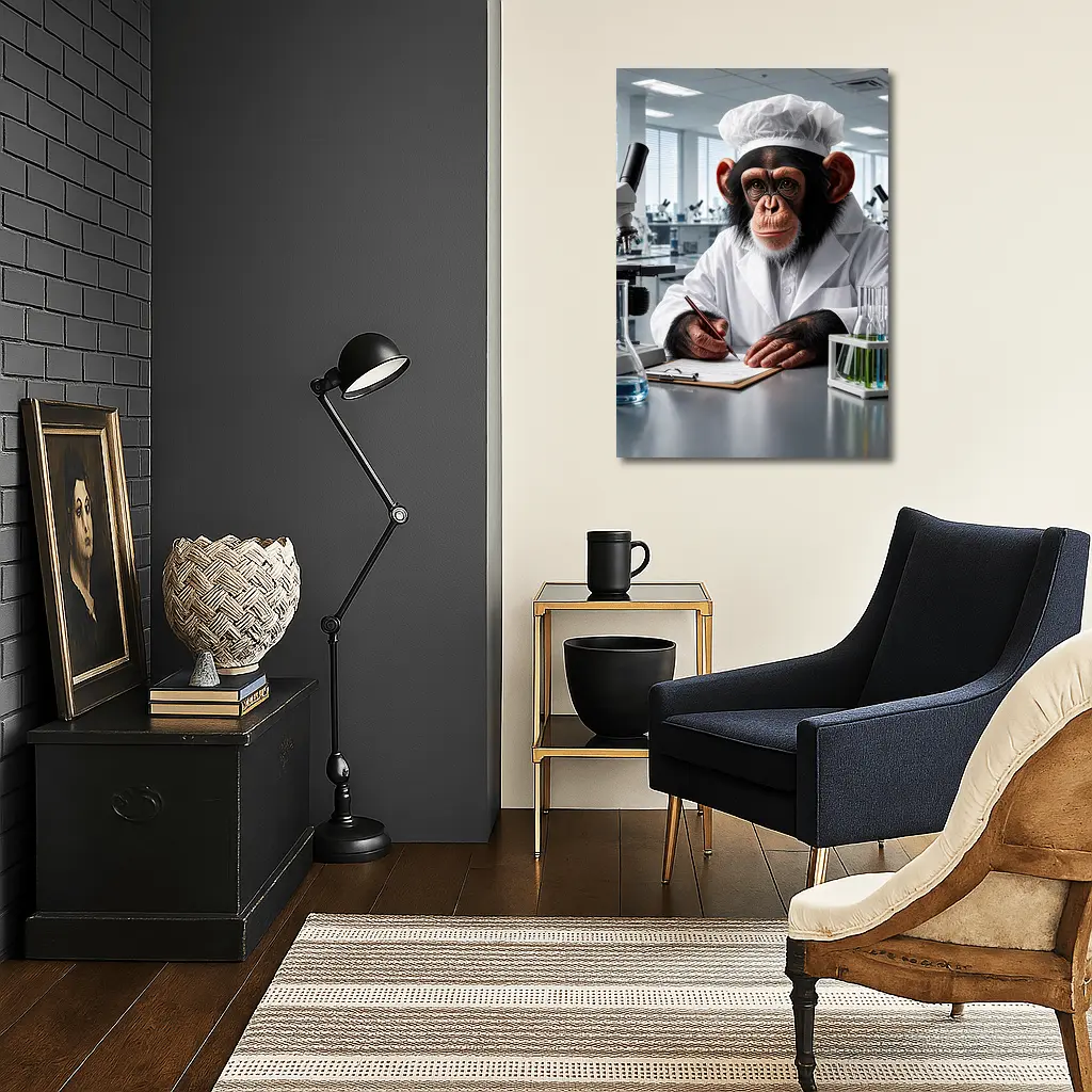 Chimpanzee Scientist Writing Notes In Laboratory – Wall Art