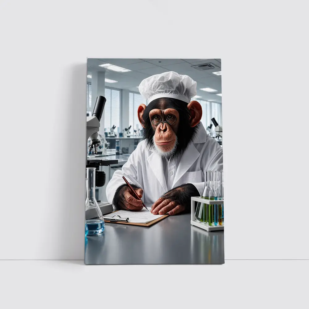 Chimpanzee Scientist Writing Notes In Laboratory – Wall Art