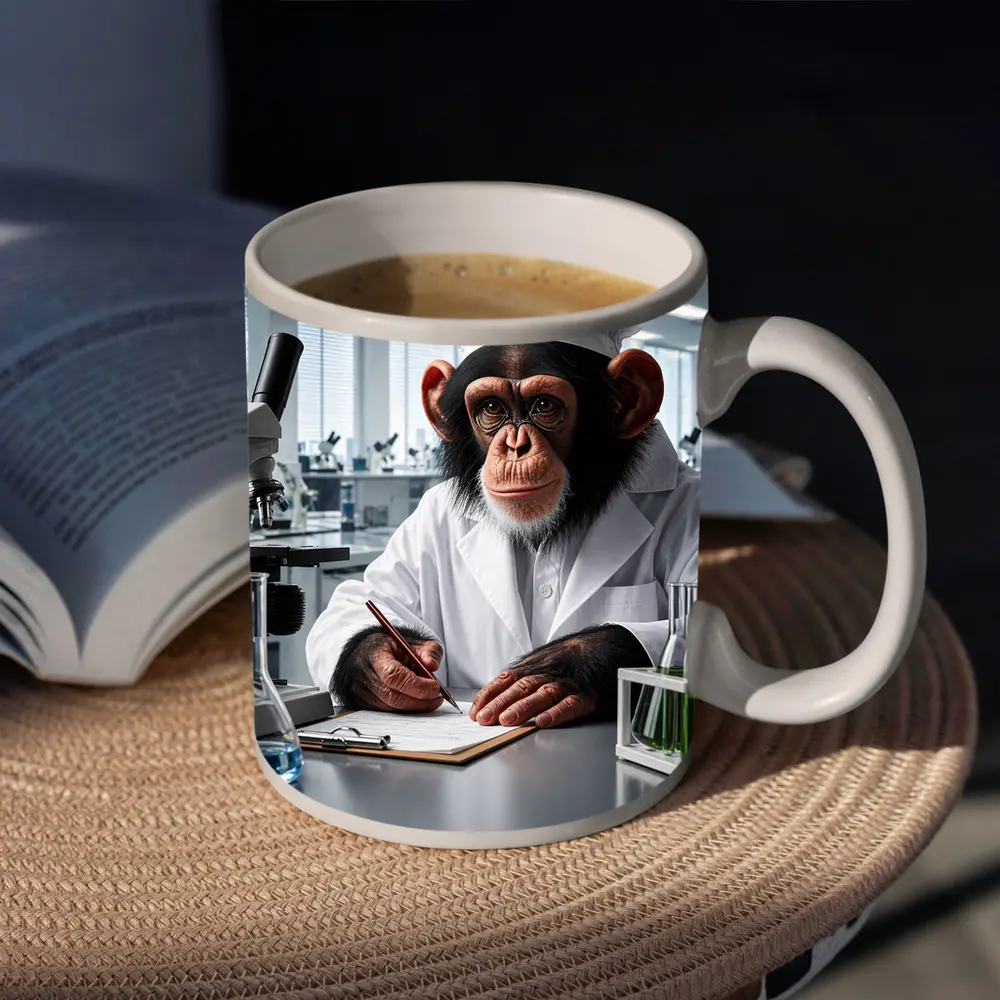 Chimpanzee Scientist Writing Notes In Laboratory – Mugs
