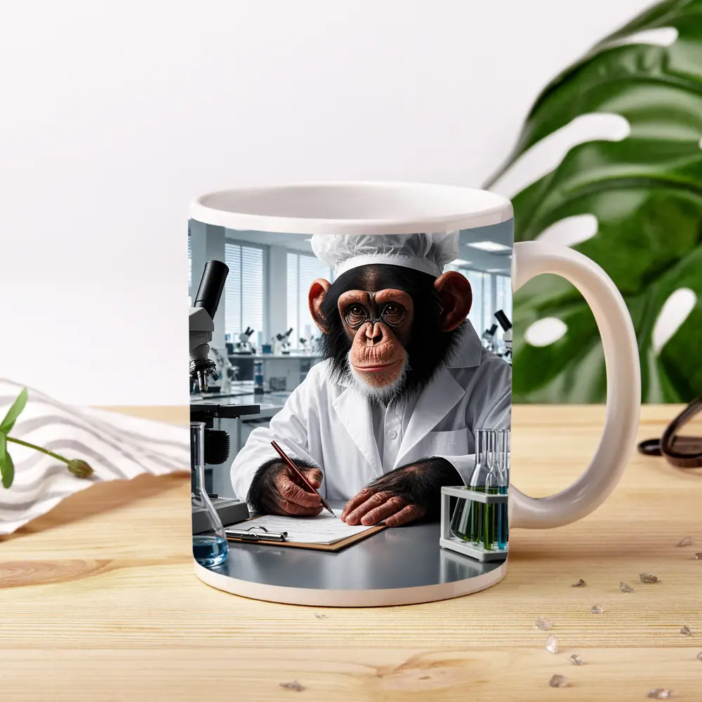 Chimpanzee Scientist Writing Notes In Laboratory – Mugs