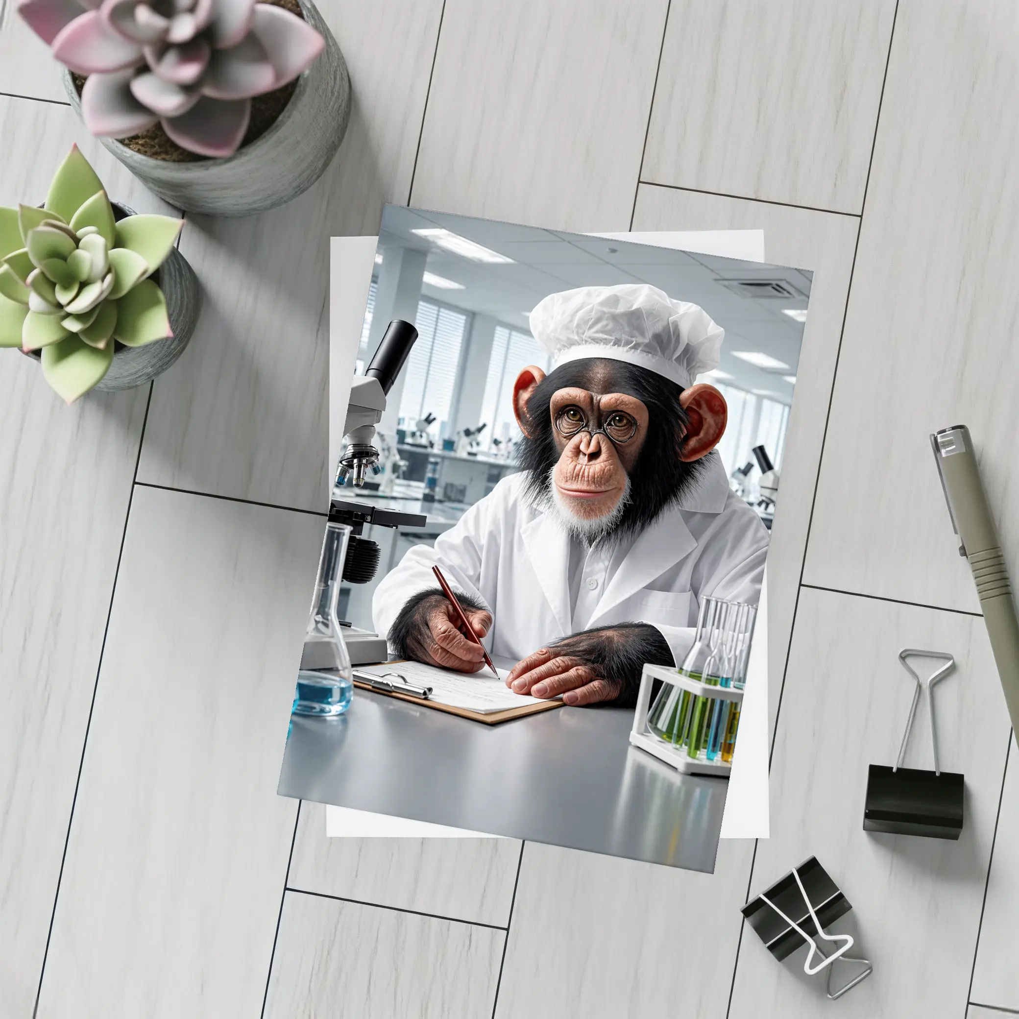 Chimpanzee Scientist Writing Notes In Laboratory – Postcards