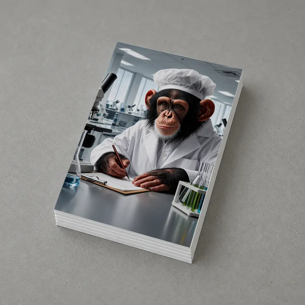 Chimpanzee Scientist Writing Notes In Laboratory – Postcards