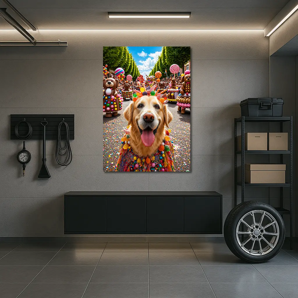Golden Retriever Dog Candy Parade Street – Wall Art