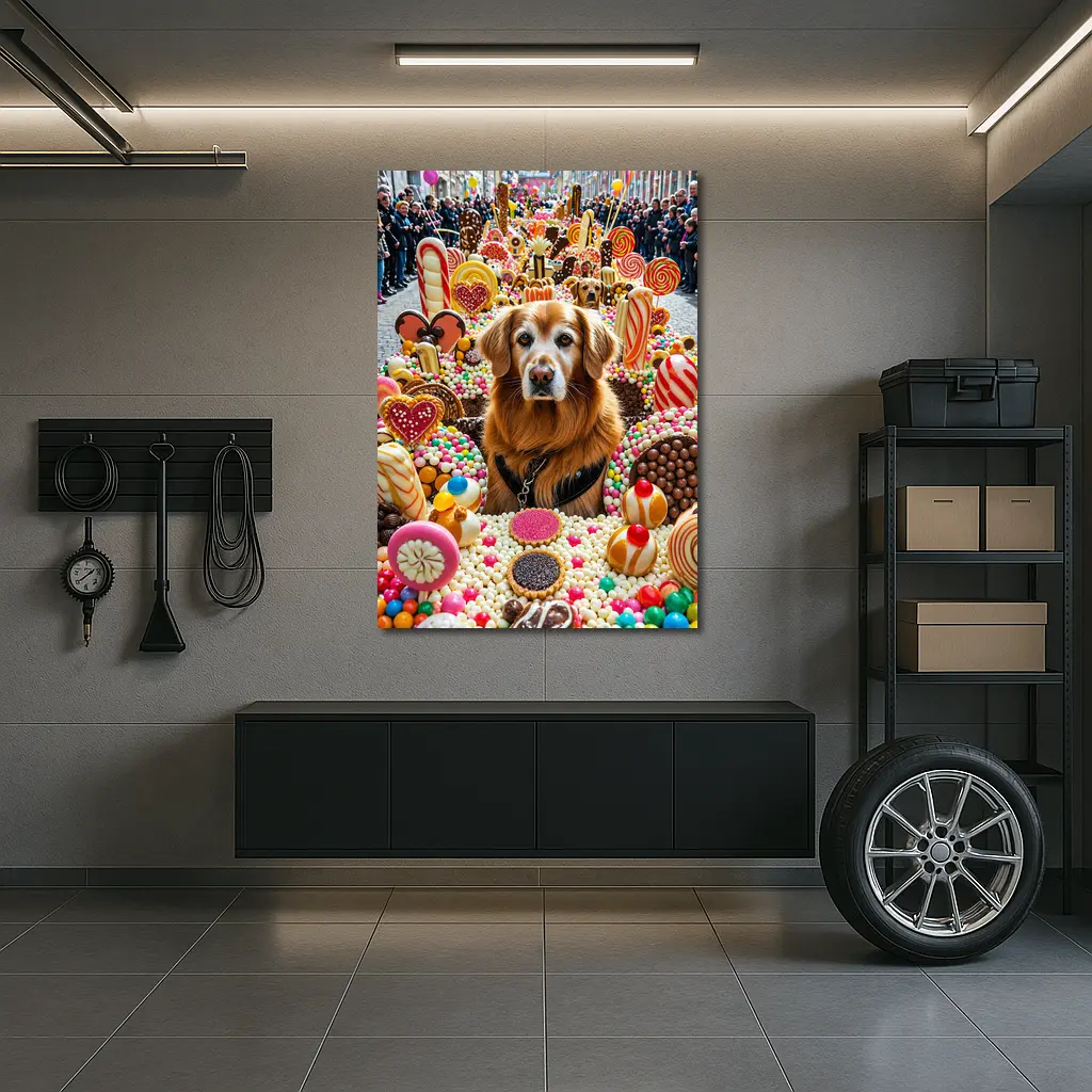 Golden Retriever Surrounded by Colorful Candy Parade – Wall Art