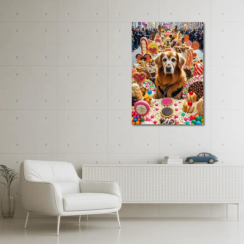 Golden Retriever Surrounded by Colorful Candy Parade – Wall Art