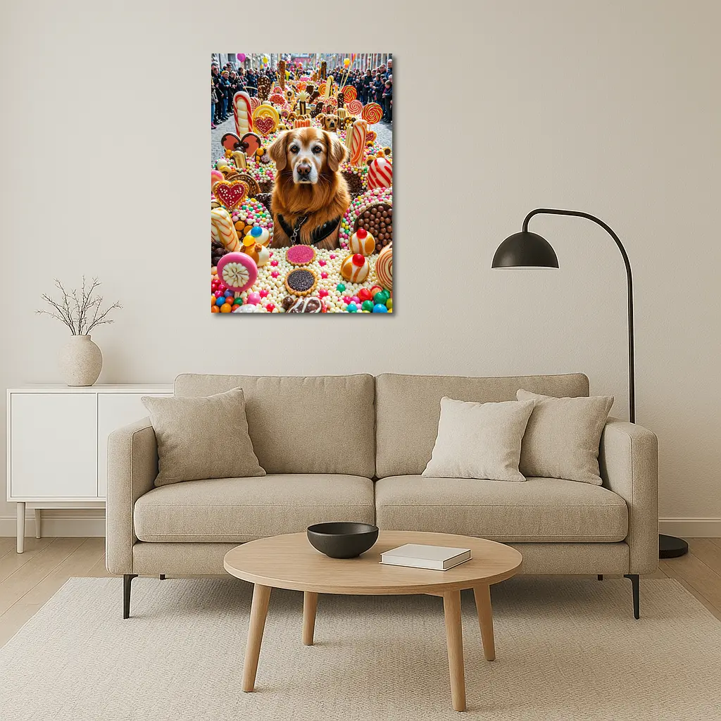Golden Retriever Surrounded by Colorful Candy Parade – Wall Art