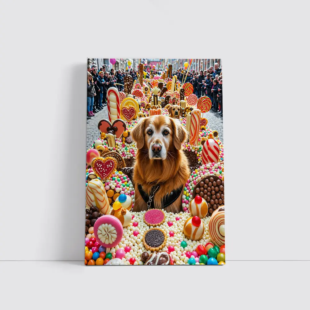 Golden Retriever Surrounded by Colorful Candy Parade – Wall Art