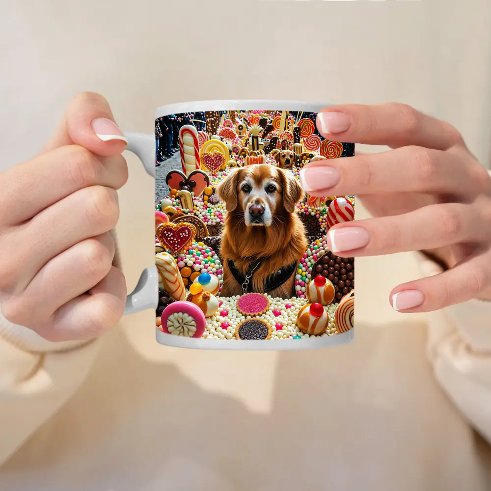 Golden Retriever Surrounded by Colorful Candy Parade – Mugs
