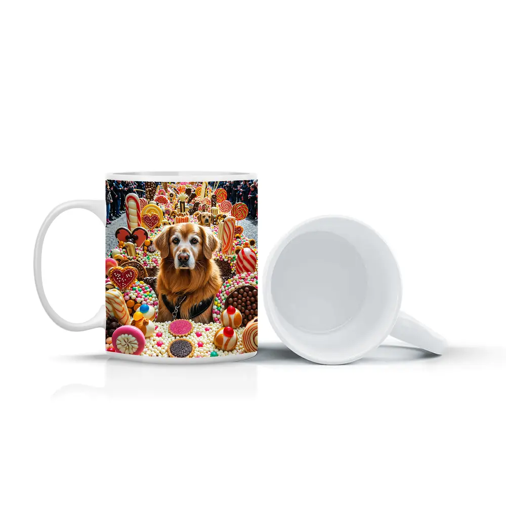Golden Retriever Surrounded by Colorful Candy Parade – Mugs