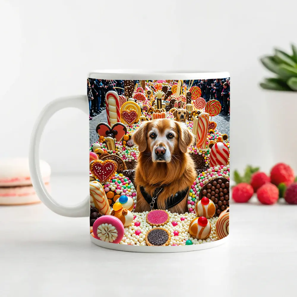 Golden Retriever Surrounded by Colorful Candy Parade – Mugs
