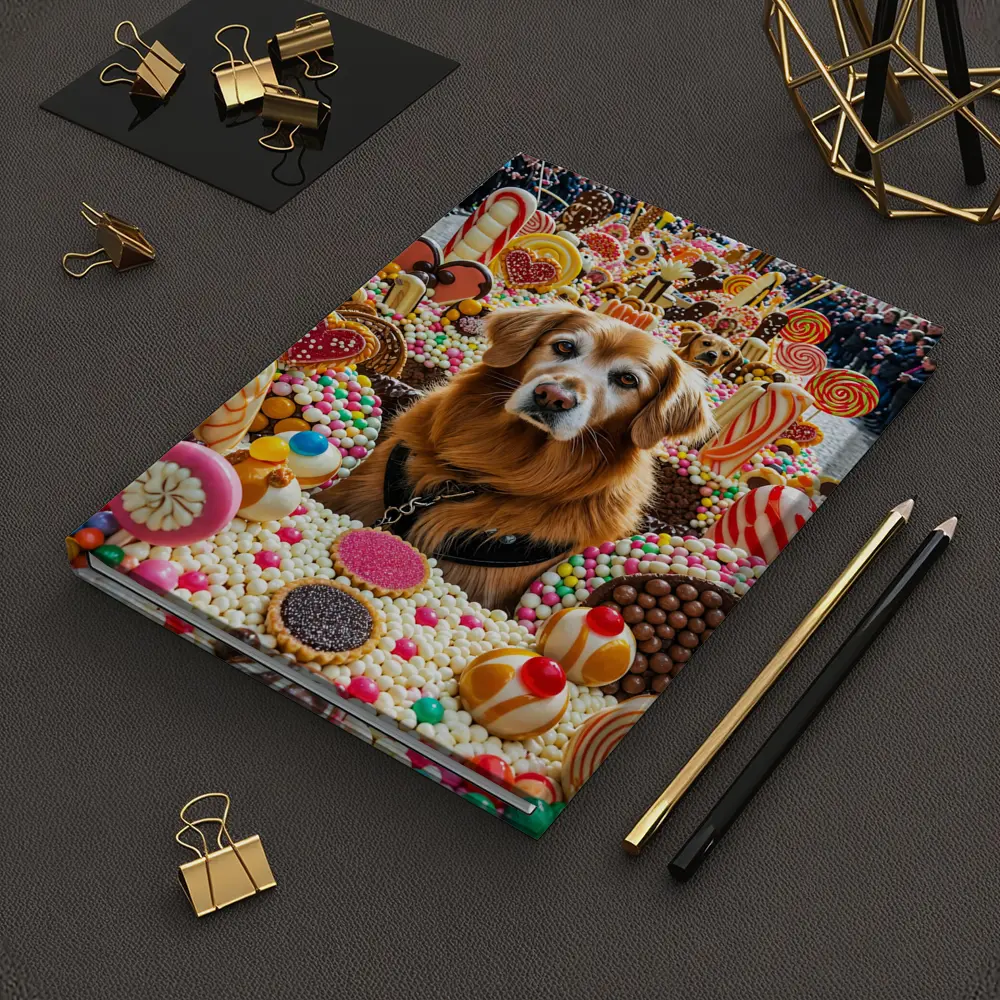 Golden Retriever Surrounded by Colorful Candy Parade – Notebooks