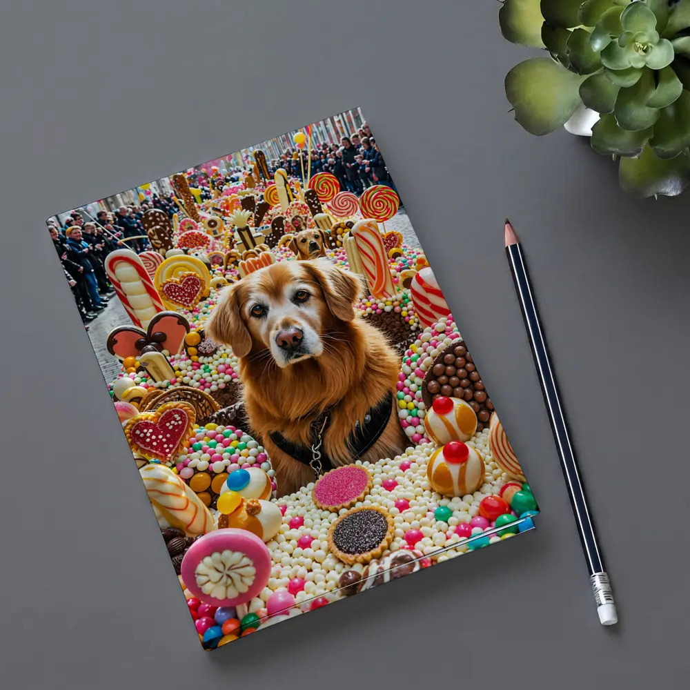 Golden Retriever Surrounded by Colorful Candy Parade – Notebooks