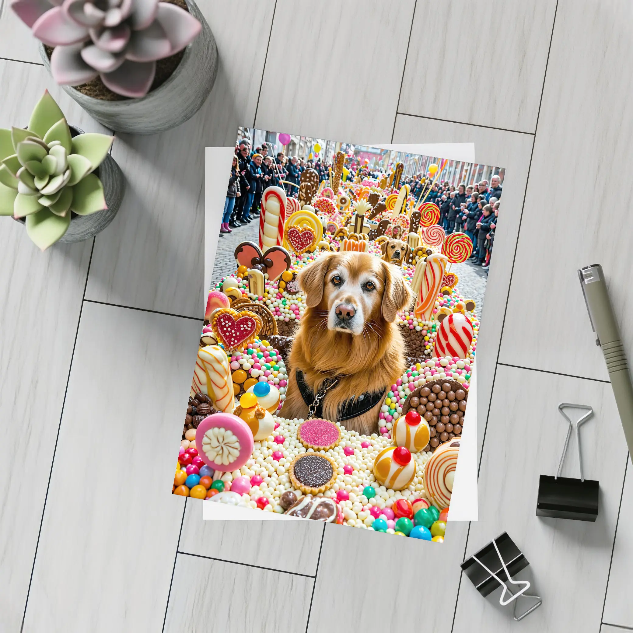 Golden Retriever Surrounded by Colorful Candy Parade – Postcards