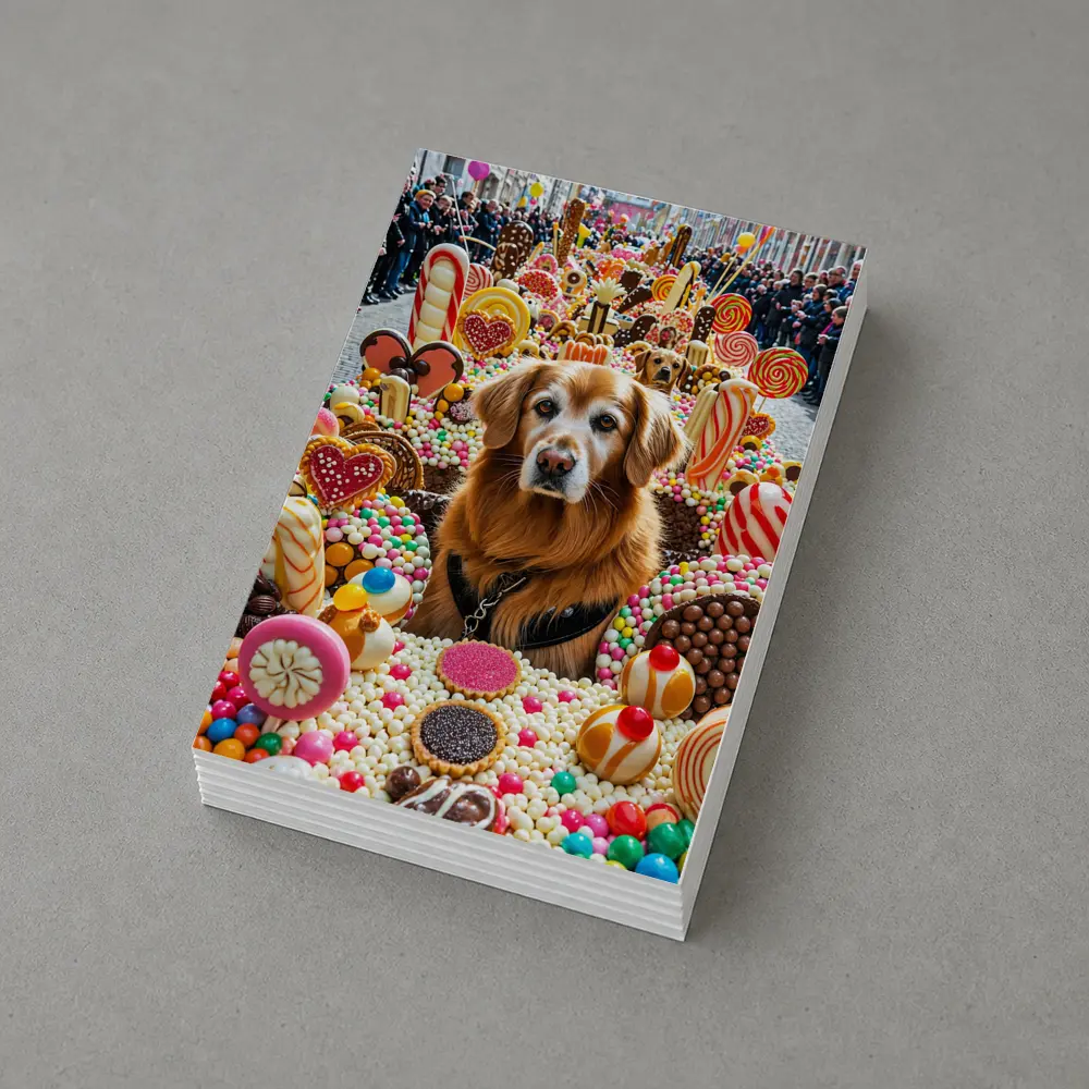 Golden Retriever Surrounded by Colorful Candy Parade – Postcards