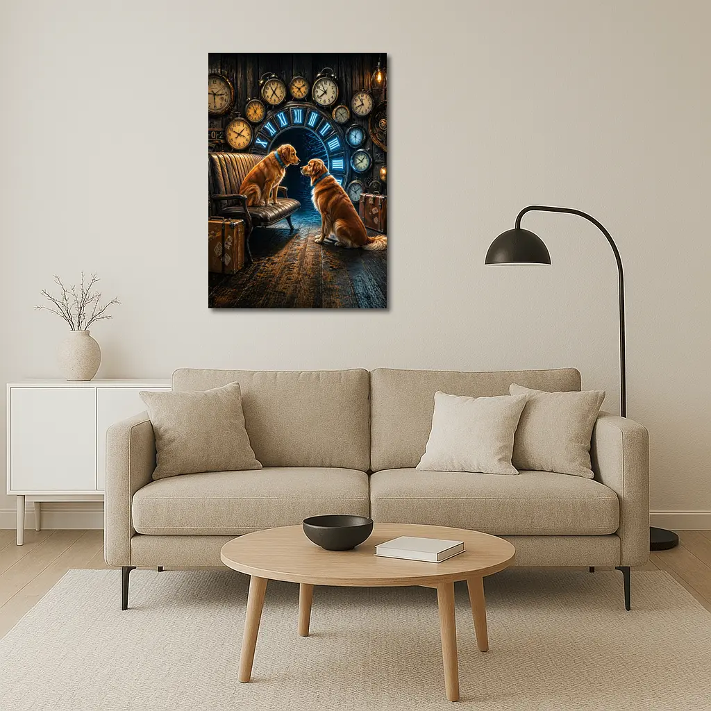 Golden Retrievers In Steampunk Clock Room – Wall Art