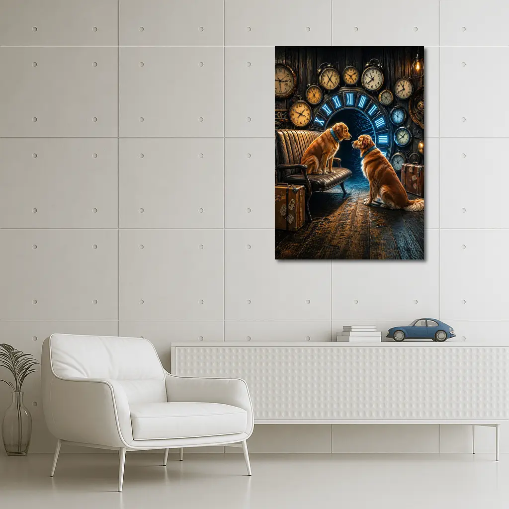 Golden Retrievers In Steampunk Clock Room – Wall Art