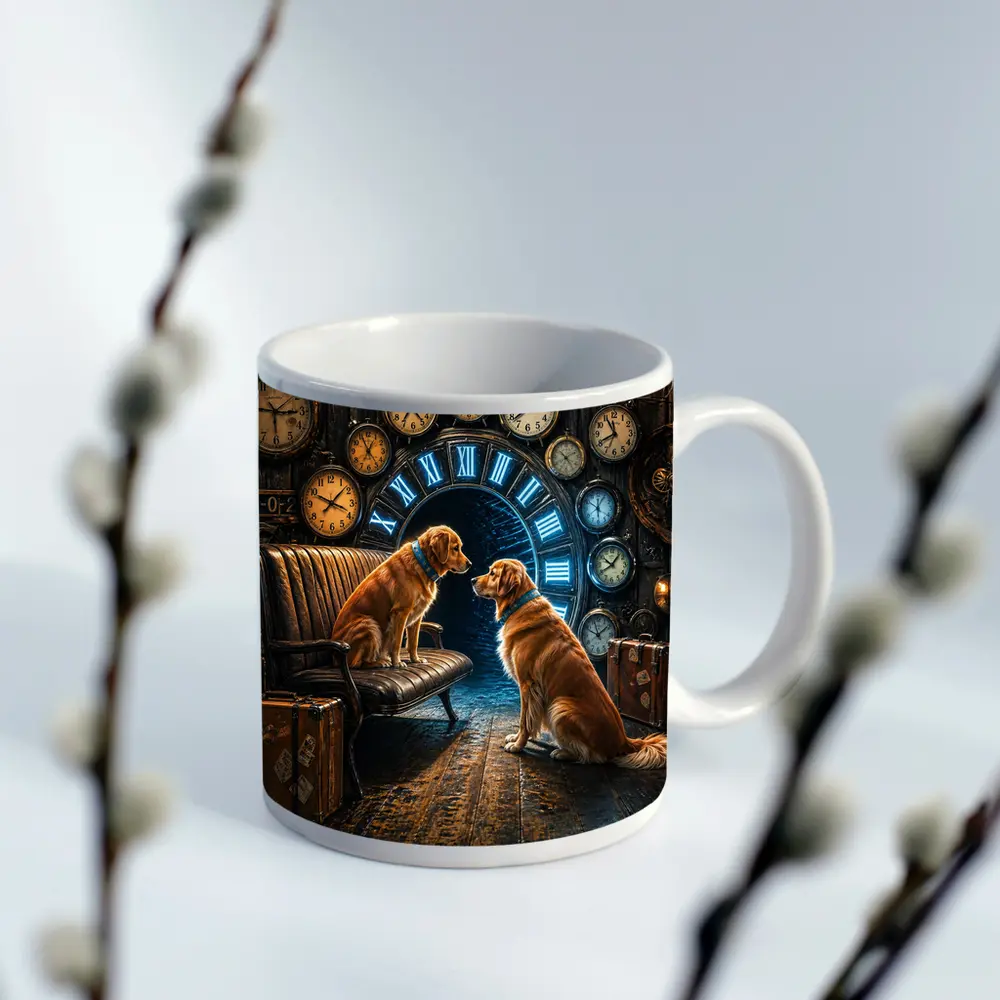 Golden Retrievers In Steampunk Clock Room – Mugs