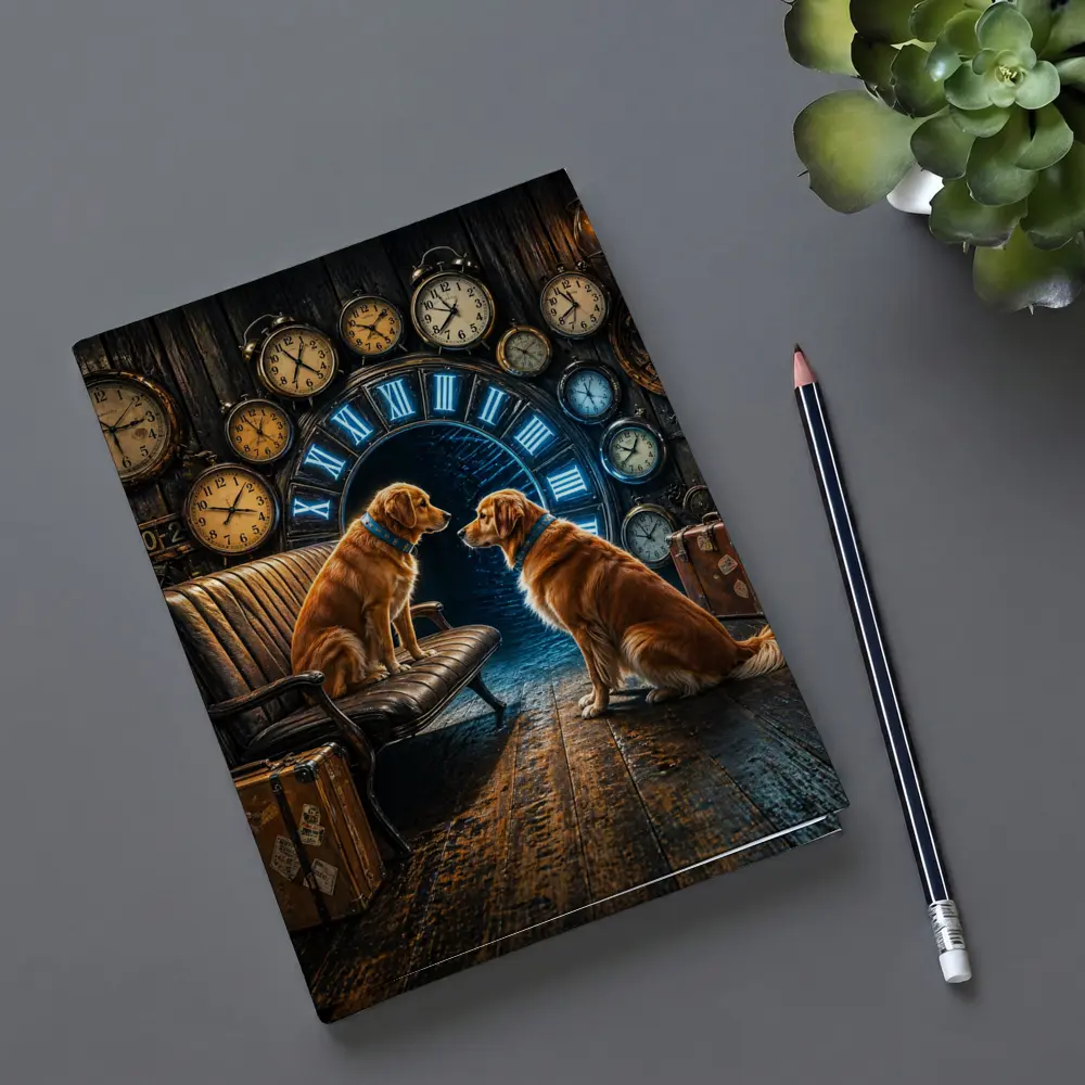 Golden Retrievers In Steampunk Clock Room – Notebooks
