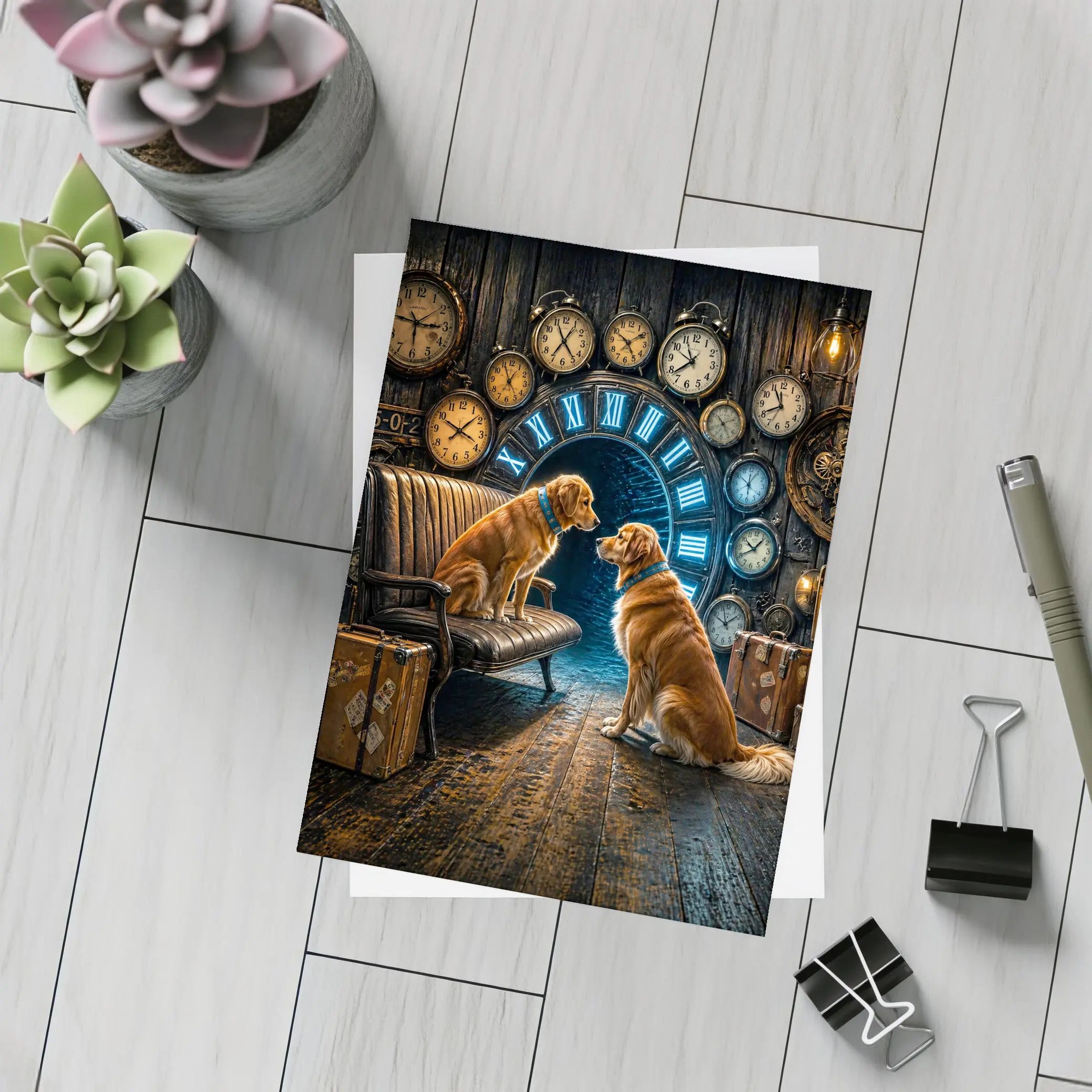 Golden Retrievers In Steampunk Clock Room – Postcards