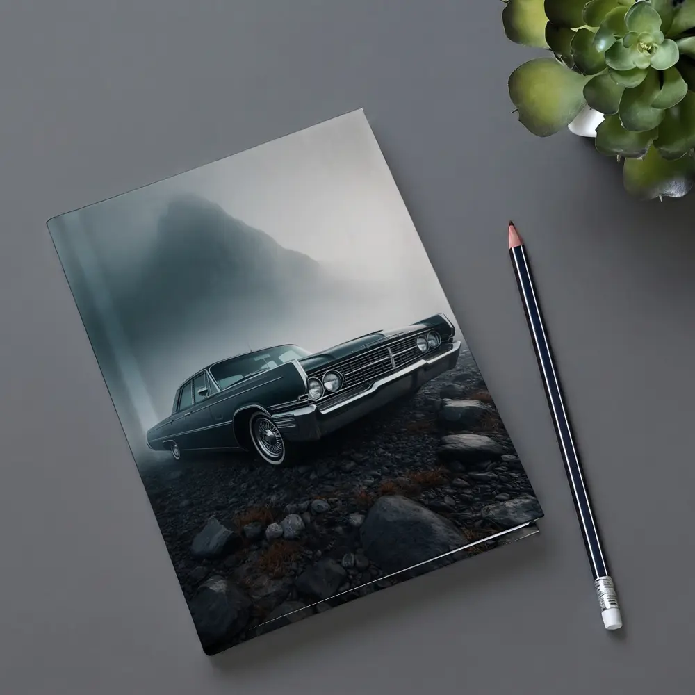 Chrysler Classic Car Foggy Mountain Scene – Notebooks