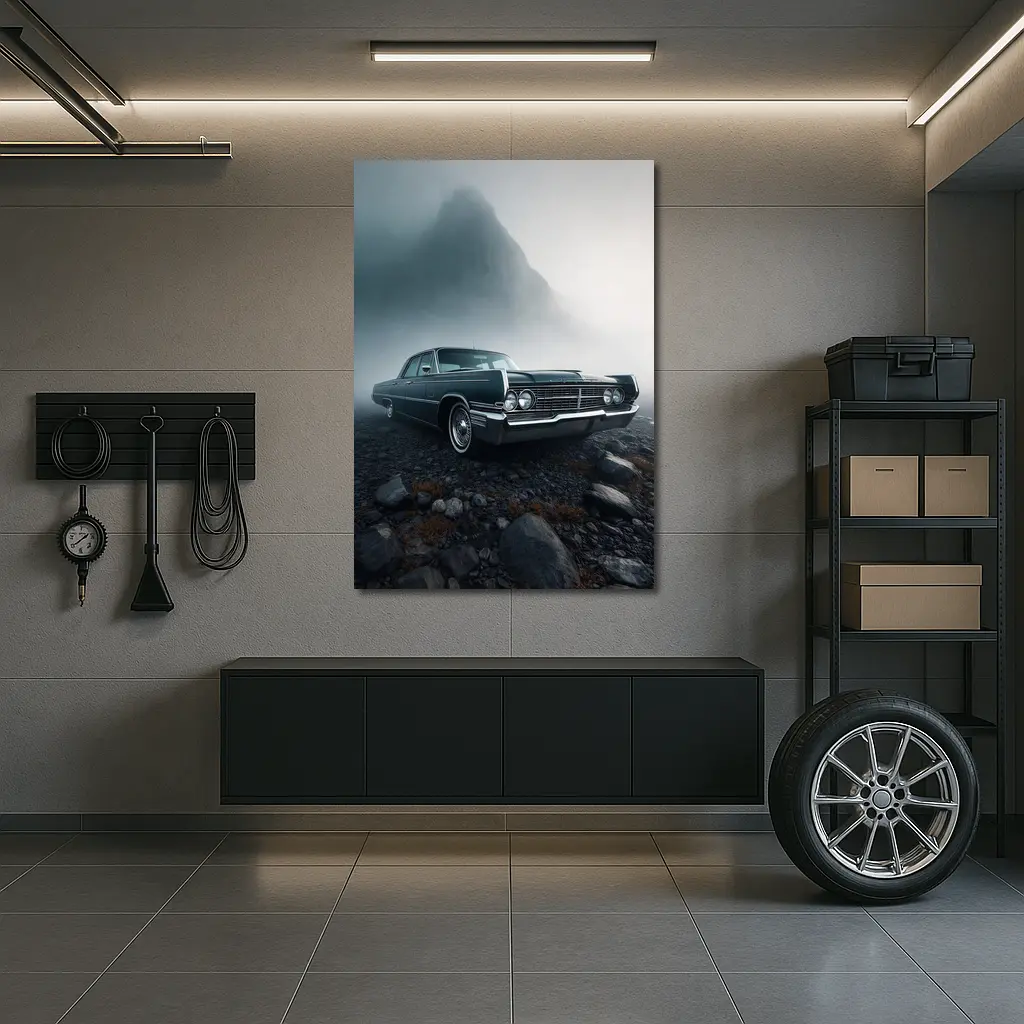 Chrysler Classic Car Foggy Mountain Scene – Wall Art