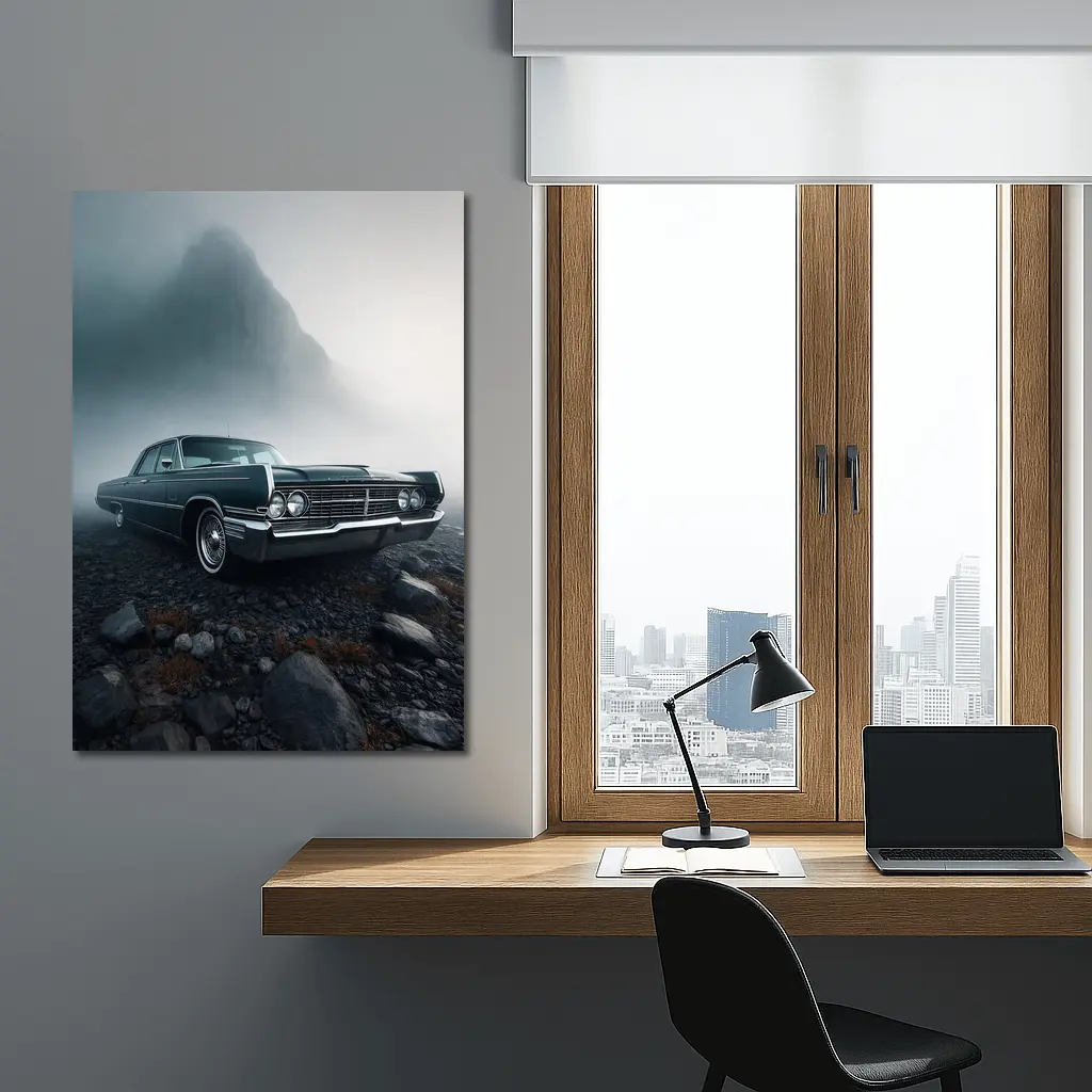 Chrysler Classic Car Foggy Mountain Scene – Wall Art