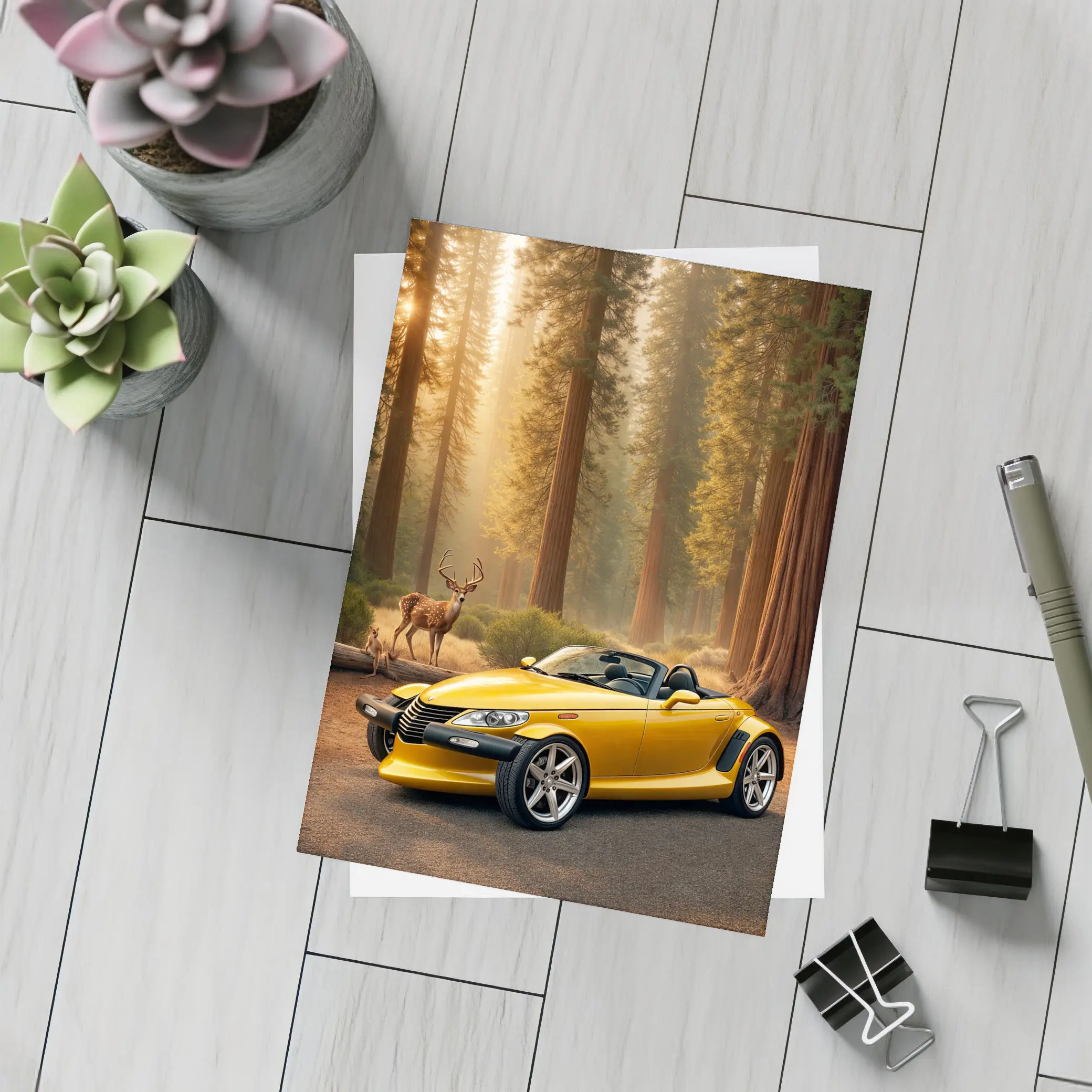Chrysler Prowler Yellow Roadster Forest Deer – Postcards