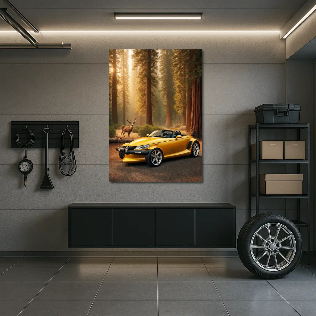 Chrysler Prowler Yellow Roadster Forest Deer – Wall Art