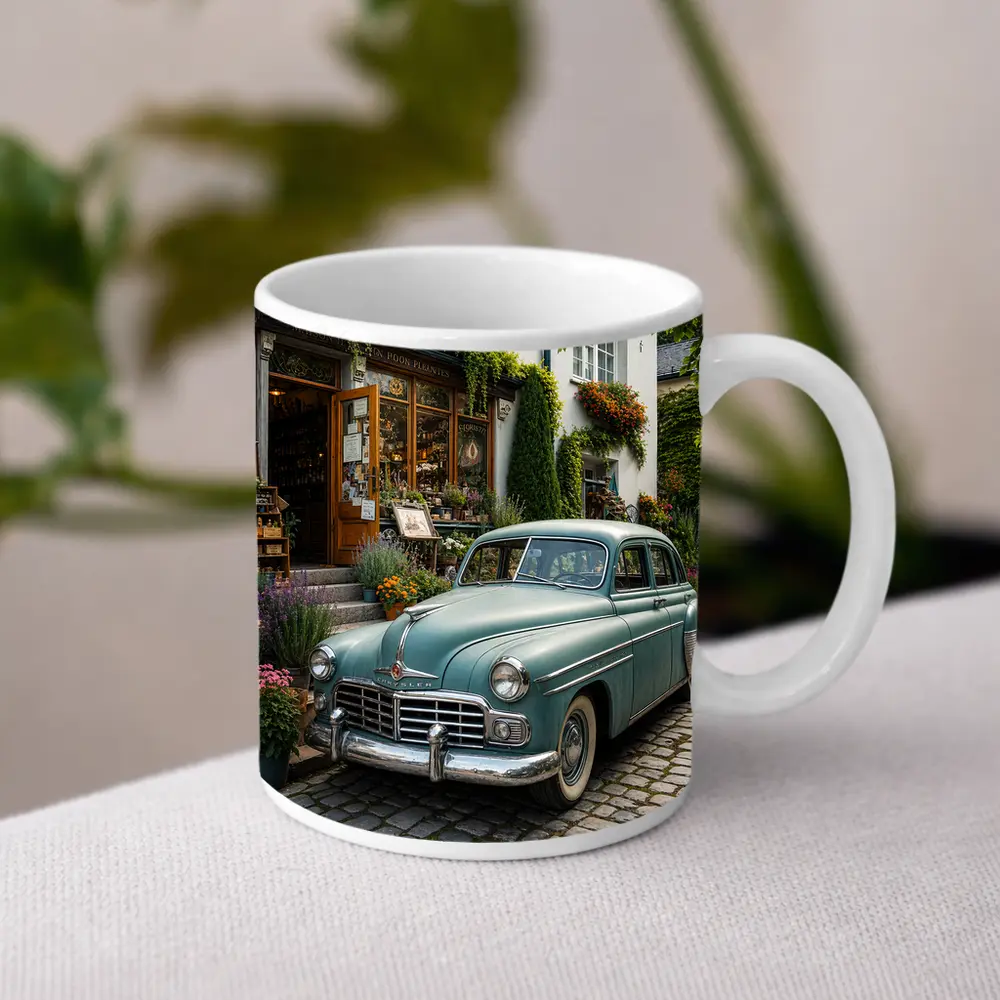 Chrysler Vintage Car French Flower Shop Street – Mugs