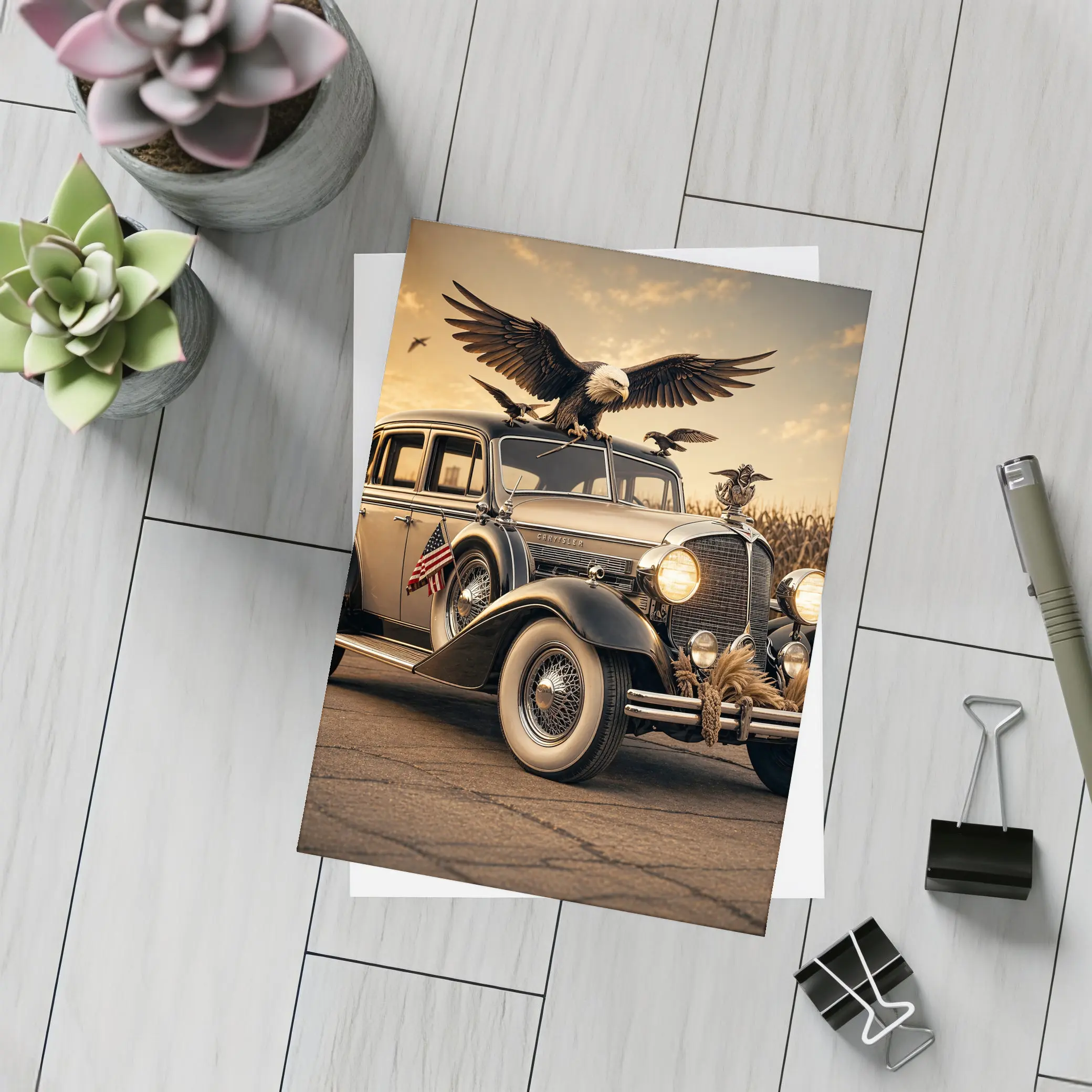 Chrysler Classic Car Bald Eagle American Flag – Postcards