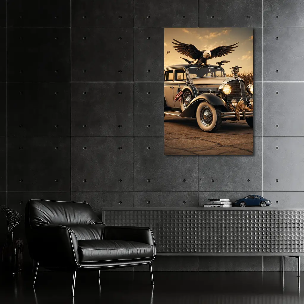 Chrysler Classic Car Bald Eagle American Flag – Wall Art