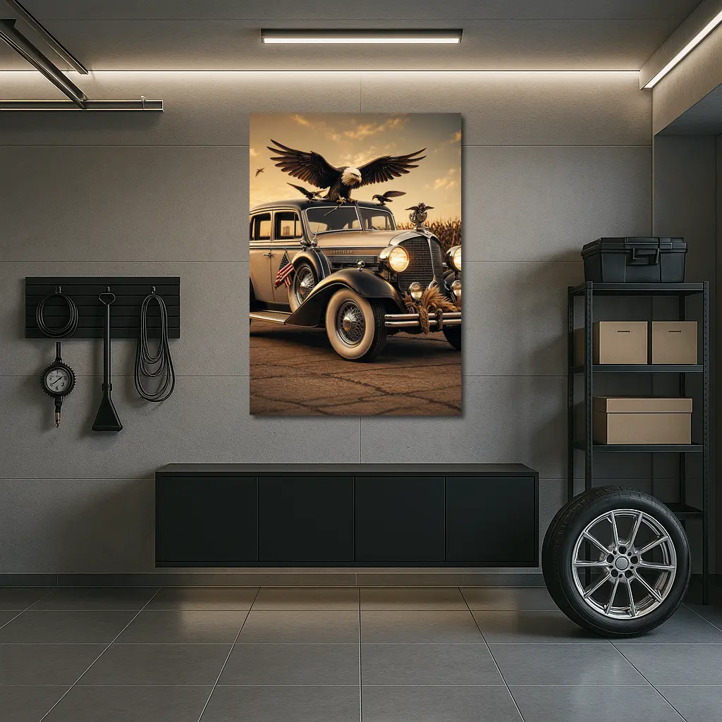 Chrysler Classic Car Bald Eagle American Flag – Wall Art