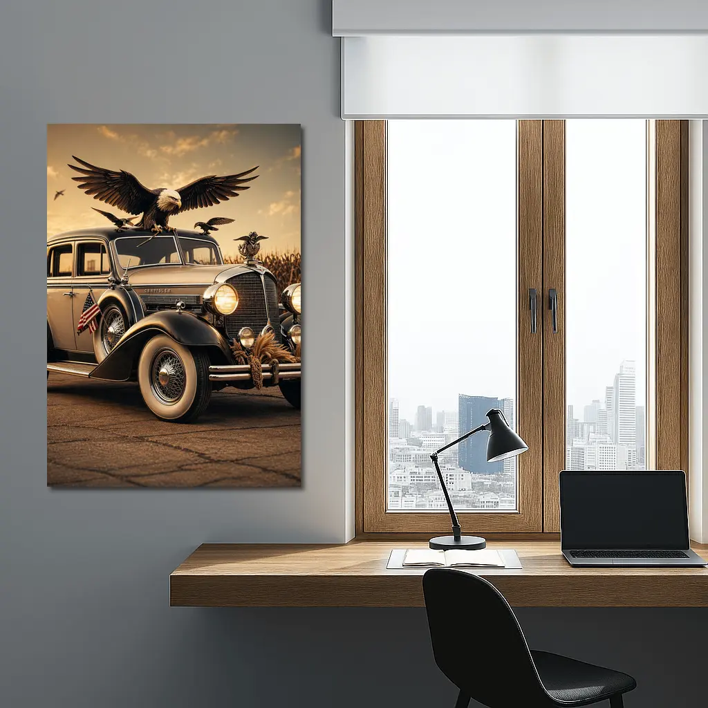 Chrysler Classic Car Bald Eagle American Flag – Wall Art